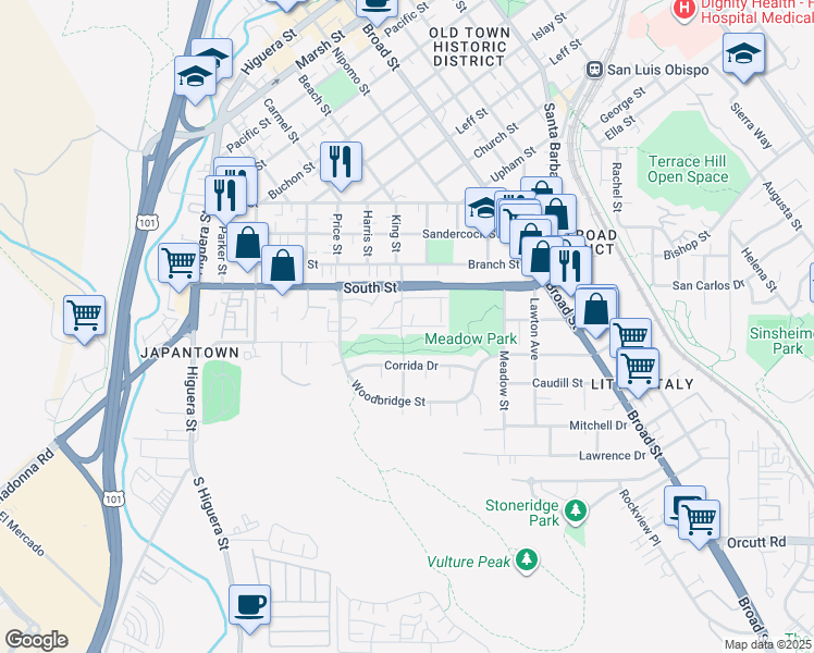 map of restaurants, bars, coffee shops, grocery stores, and more near 89 King Street in San Luis Obispo