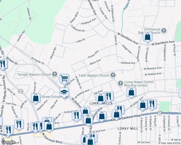 map of restaurants, bars, coffee shops, grocery stores, and more near 524 Scruggs Street in Gastonia