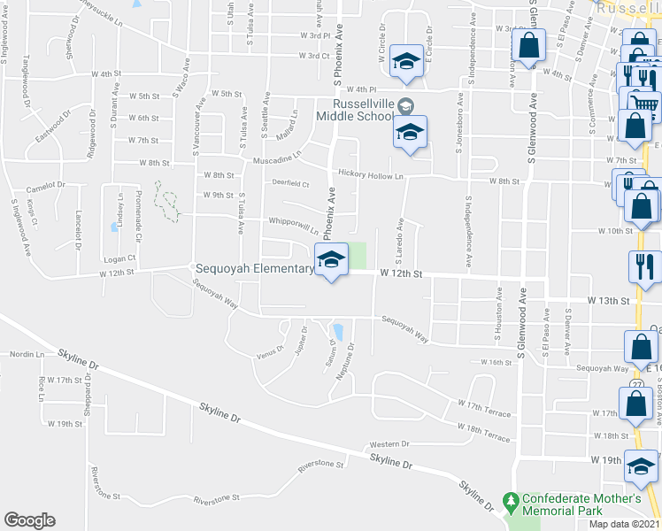 map of restaurants, bars, coffee shops, grocery stores, and more near 1113 South Phoenix Avenue in Russellville