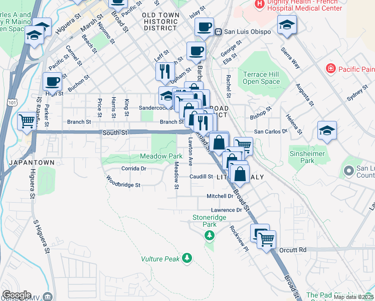 map of restaurants, bars, coffee shops, grocery stores, and more near 575 Funston Avenue in San Luis Obispo