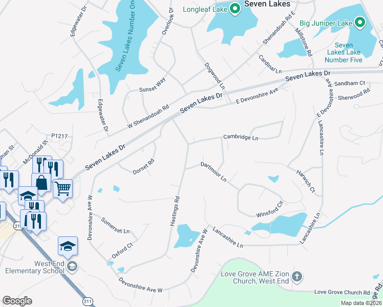 map of restaurants, bars, coffee shops, grocery stores, and more near 103 Tiverton Court in Seven Lakes