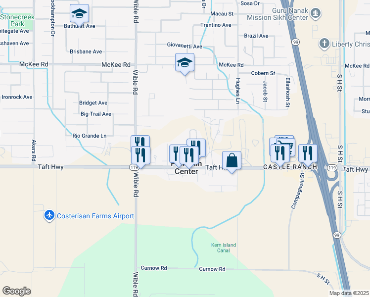 map of restaurants, bars, coffee shops, grocery stores, and more near 9533 Palma Lane in Bakersfield