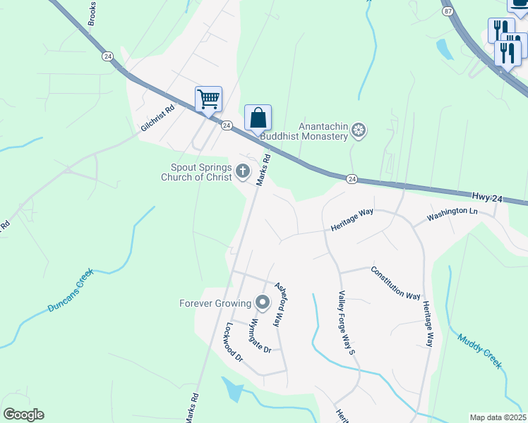 map of restaurants, bars, coffee shops, grocery stores, and more near 92 Williamsburg Way in Cameron