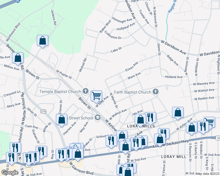 map of restaurants, bars, coffee shops, grocery stores, and more near 1427 Ware Avenue in Gastonia