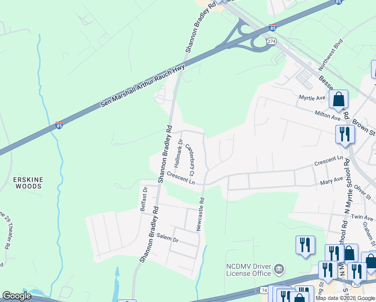 map of restaurants, bars, coffee shops, grocery stores, and more near 946 Canterbury Court in Gastonia
