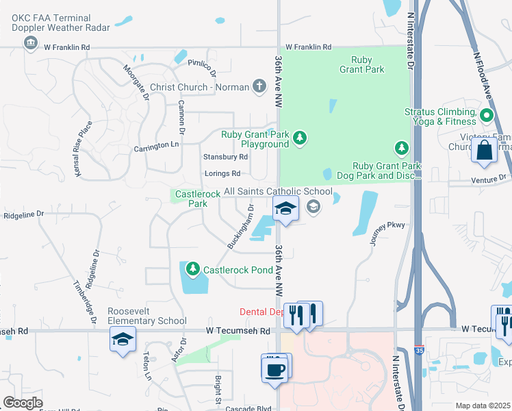 map of restaurants, bars, coffee shops, grocery stores, and more near 4017 Buckingham Drive in Norman