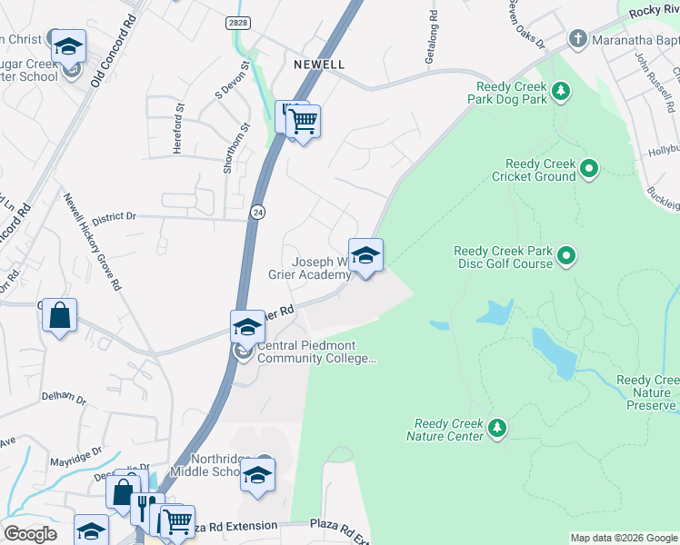 map of restaurants, bars, coffee shops, grocery stores, and more near 8209-8253 Grier Road in Charlotte