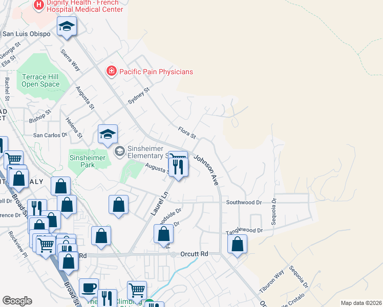 map of restaurants, bars, coffee shops, grocery stores, and more near Johnson Avenue & Laurel Lane in San Luis Obispo