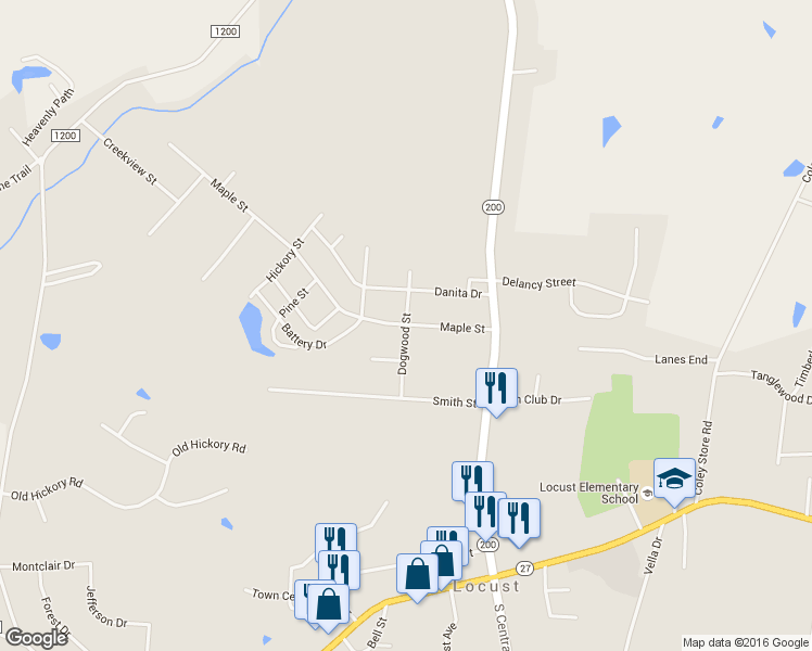 map of restaurants, bars, coffee shops, grocery stores, and more near 219 Maple Street in Locust