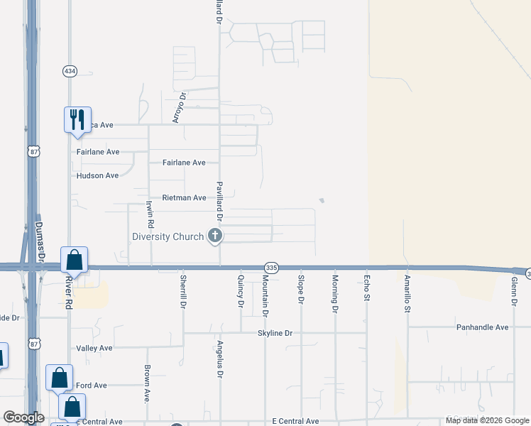 map of restaurants, bars, coffee shops, grocery stores, and more near 1401 Fox Hollow Avenue in Amarillo