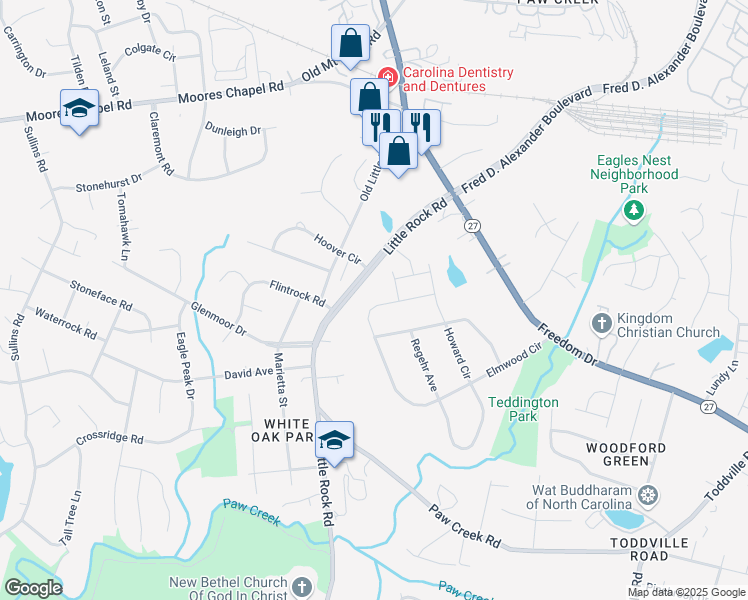 map of restaurants, bars, coffee shops, grocery stores, and more near 6447 Elmwood Circle in Charlotte