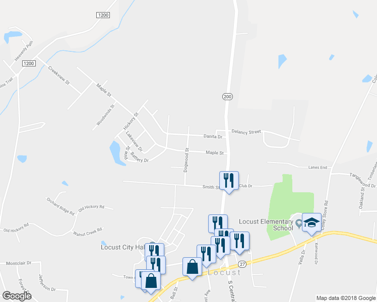 map of restaurants, bars, coffee shops, grocery stores, and more near 141 Maple Street in Locust
