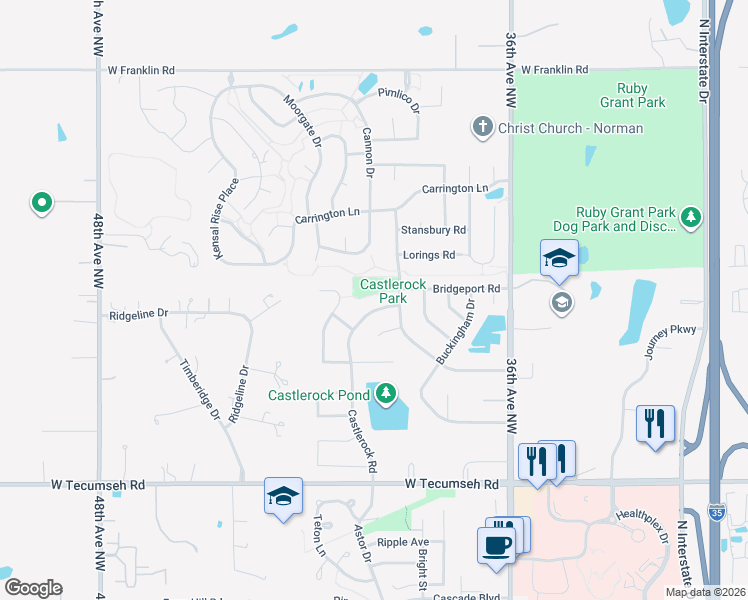 map of restaurants, bars, coffee shops, grocery stores, and more near 4120 Castlerock Road in Norman
