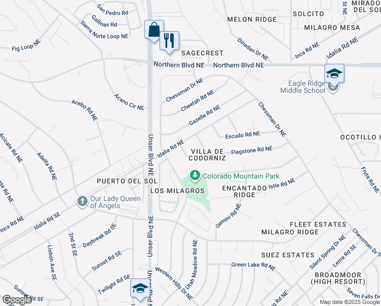 map of restaurants, bars, coffee shops, grocery stores, and more near 2159 Flagstone Road Northeast in Rio Rancho
