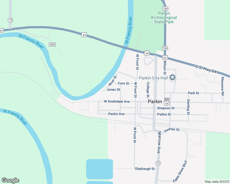 map of restaurants, bars, coffee shops, grocery stores, and more near 411 Jones Street in Parkin