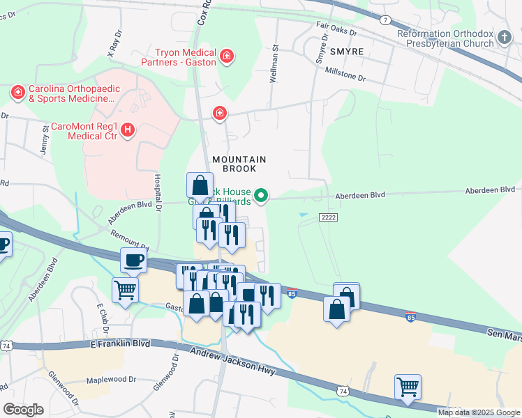 map of restaurants, bars, coffee shops, grocery stores, and more near 2699 Aberdeen Boulevard in Gastonia
