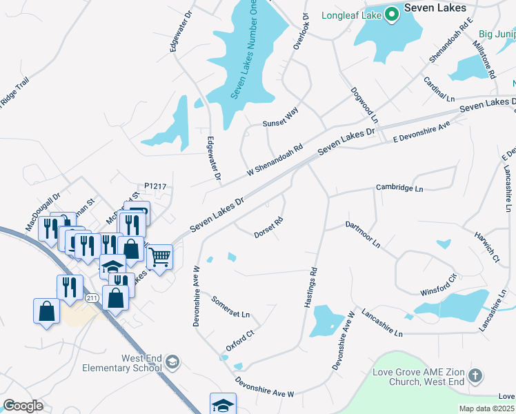map of restaurants, bars, coffee shops, grocery stores, and more near Devonshire Avenue West in Seven Lakes
