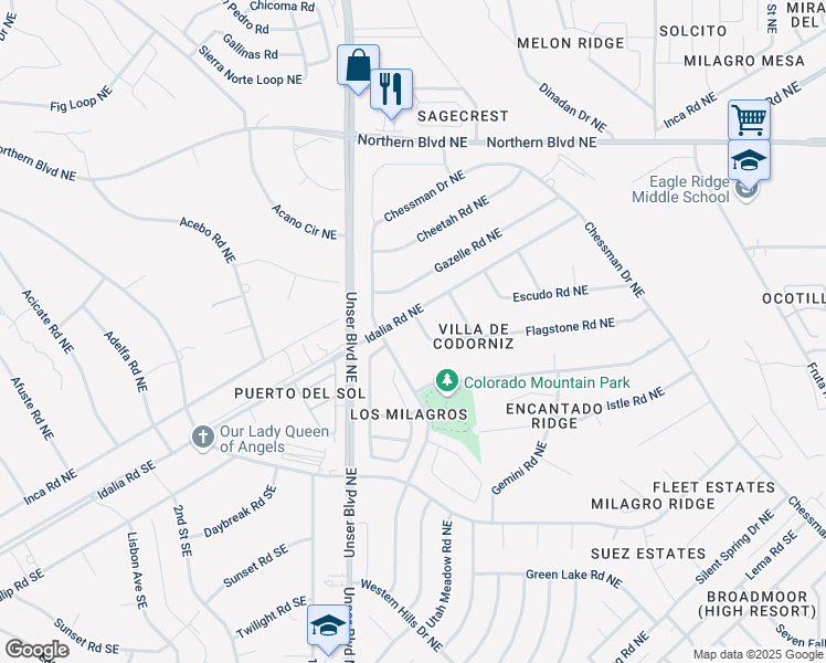 map of restaurants, bars, coffee shops, grocery stores, and more near 2154 Flagstone Road Northeast in Rio Rancho