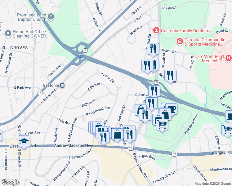 map of restaurants, bars, coffee shops, grocery stores, and more near 1603 Poston Circle in Gastonia