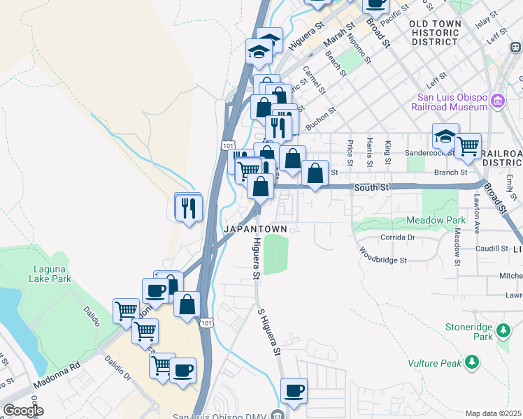 map of restaurants, bars, coffee shops, grocery stores, and more near 75 Higuera Street in San Luis Obispo