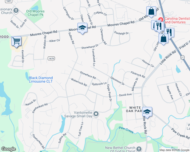 map of restaurants, bars, coffee shops, grocery stores, and more near 6421 Swift Arrow Lane in Charlotte