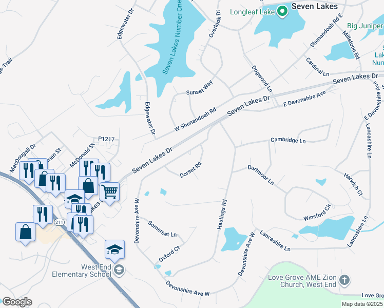 map of restaurants, bars, coffee shops, grocery stores, and more near Devonshire Avenue West in Seven Lakes