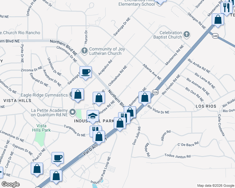 map of restaurants, bars, coffee shops, grocery stores, and more near 601 Sonora Road Northeast in Rio Rancho