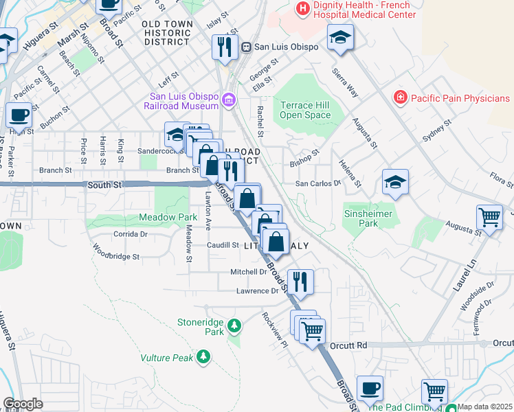 map of restaurants, bars, coffee shops, grocery stores, and more near 762 Woodbridge Street in San Luis Obispo