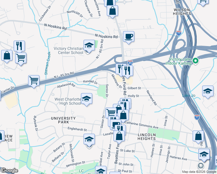 map of restaurants, bars, coffee shops, grocery stores, and more near 2424 Senior Drive in Charlotte