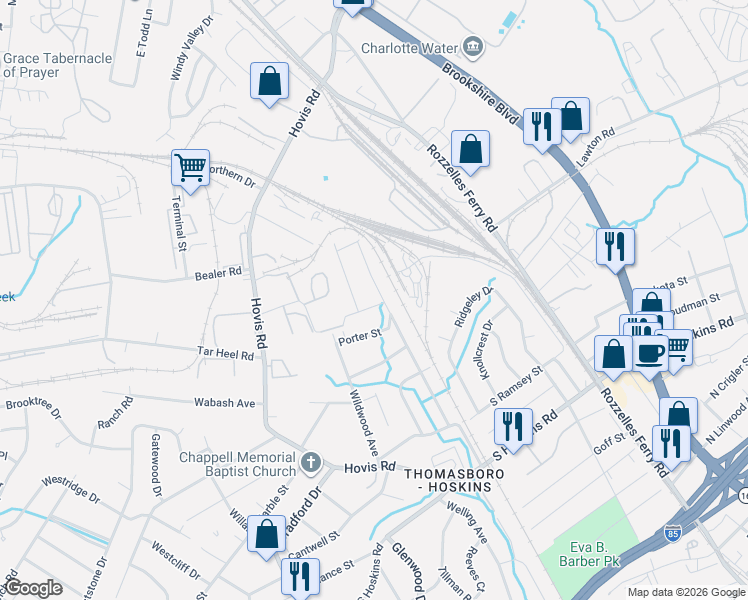 map of restaurants, bars, coffee shops, grocery stores, and more near 505 Sinclair Street in Charlotte