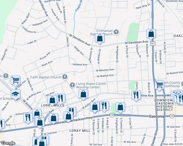 map of restaurants, bars, coffee shops, grocery stores, and more near 936 West Walnut Avenue in Gastonia