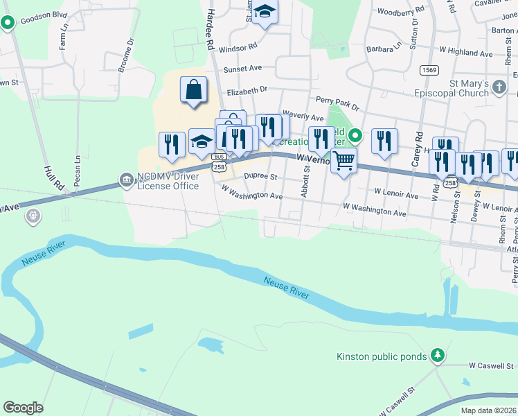 map of restaurants, bars, coffee shops, grocery stores, and more near 1712 Atlantic Avenue in Kinston