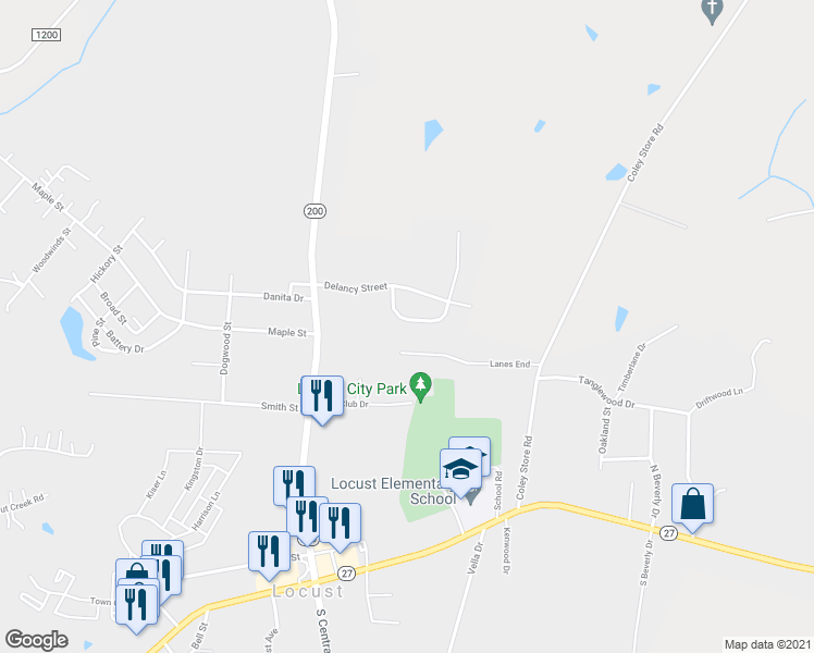 map of restaurants, bars, coffee shops, grocery stores, and more near 112 Vanderbilt Circle in Locust