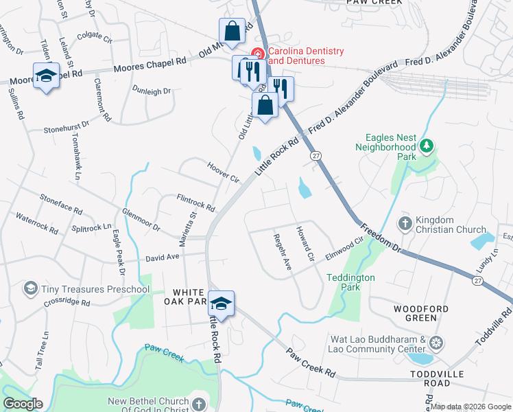 map of restaurants, bars, coffee shops, grocery stores, and more near 511 Elmwood Pond Court in Charlotte