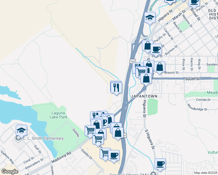 map of restaurants, bars, coffee shops, grocery stores, and more near 100 Madonna Rd in San Luis Obispo