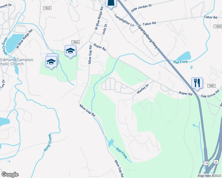 map of restaurants, bars, coffee shops, grocery stores, and more near 409 Haven Hill Lane in Flat Rock