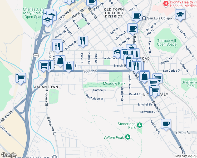map of restaurants, bars, coffee shops, grocery stores, and more near 89 King Street in San Luis Obispo