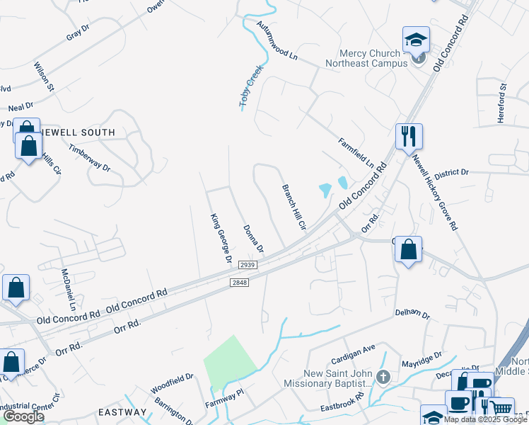 map of restaurants, bars, coffee shops, grocery stores, and more near 6054 Donna Drive in Charlotte