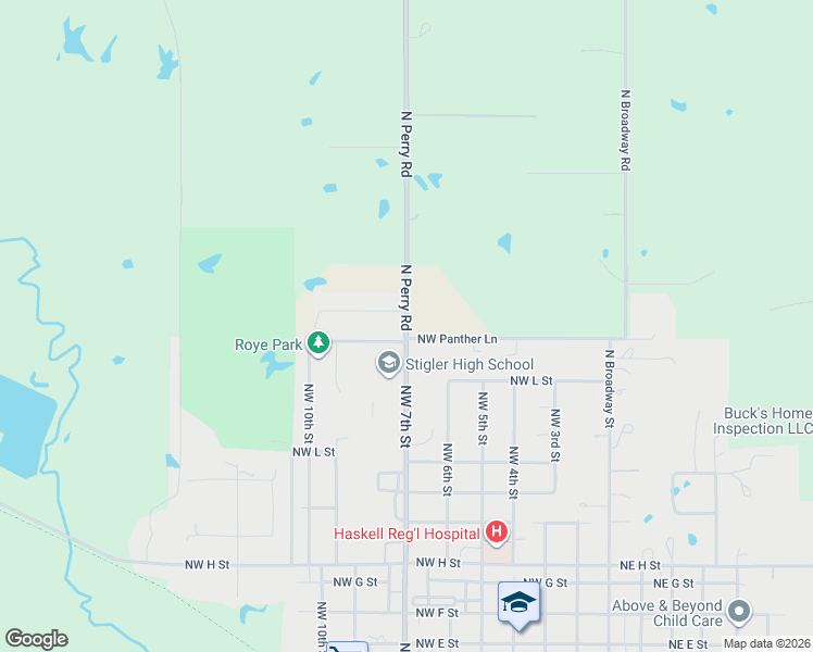 map of restaurants, bars, coffee shops, grocery stores, and more near Perry Road in Stigler