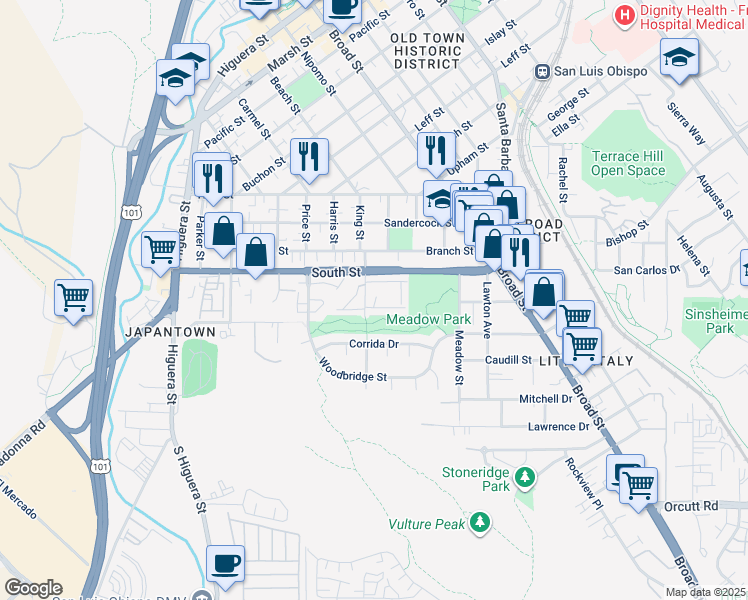 map of restaurants, bars, coffee shops, grocery stores, and more near 89 King Street in San Luis Obispo