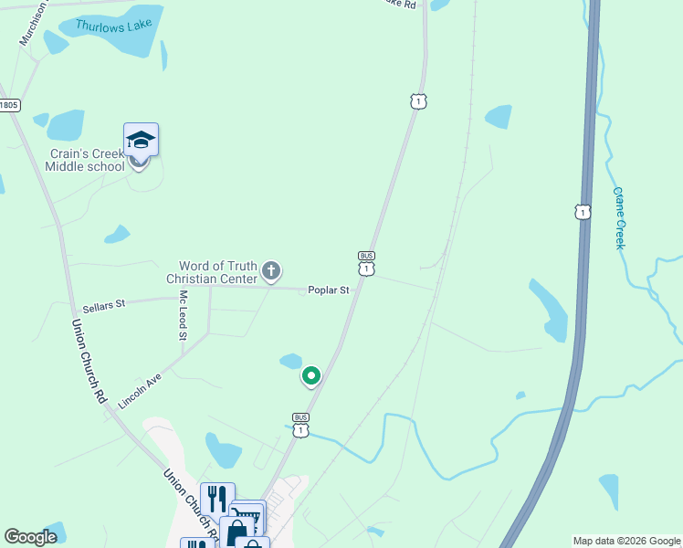 map of restaurants, bars, coffee shops, grocery stores, and more near 110 Poplar Street in Vass