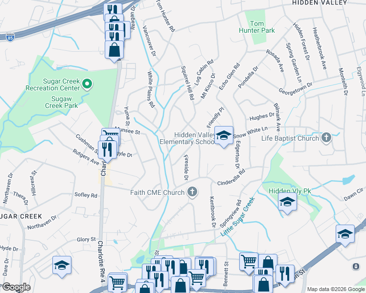 map of restaurants, bars, coffee shops, grocery stores, and more near 4821 Snow White Lane in Charlotte