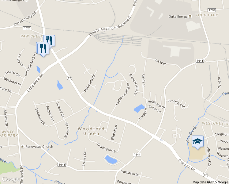 map of restaurants, bars, coffee shops, grocery stores, and more near 1416 Eagles Landing Drive in Charlotte