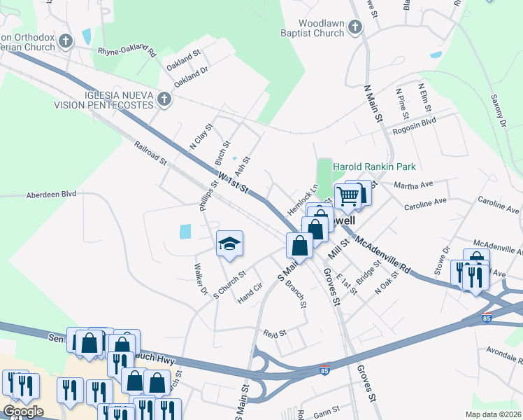 map of restaurants, bars, coffee shops, grocery stores, and more near 305 West 1st Street in Lowell