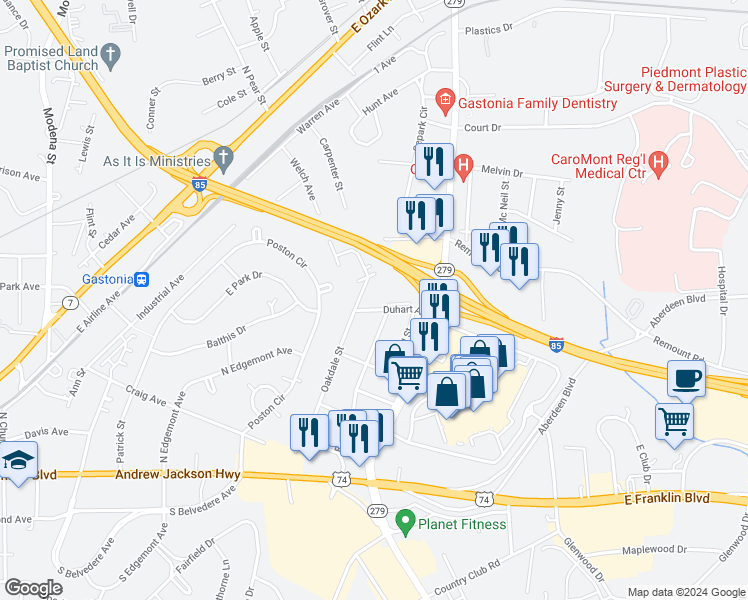 map of restaurants, bars, coffee shops, grocery stores, and more near 1416 Duhart Avenue in Gastonia
