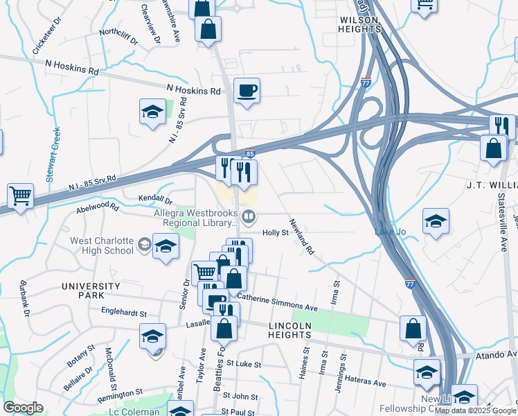 map of restaurants, bars, coffee shops, grocery stores, and more near 2214 Gilbert Street in Charlotte
