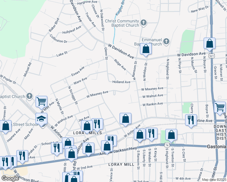 map of restaurants, bars, coffee shops, grocery stores, and more near 100 Mauney Circle in Gastonia