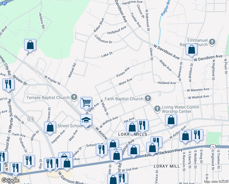 map of restaurants, bars, coffee shops, grocery stores, and more near 1408 West May Avenue in Gastonia