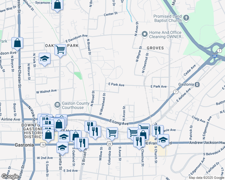 map of restaurants, bars, coffee shops, grocery stores, and more near 419 East Walnut Avenue in Gastonia