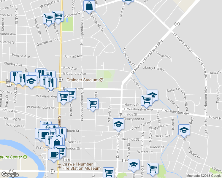 map of restaurants, bars, coffee shops, grocery stores, and more near 500 East Vernon Avenue in Kinston
